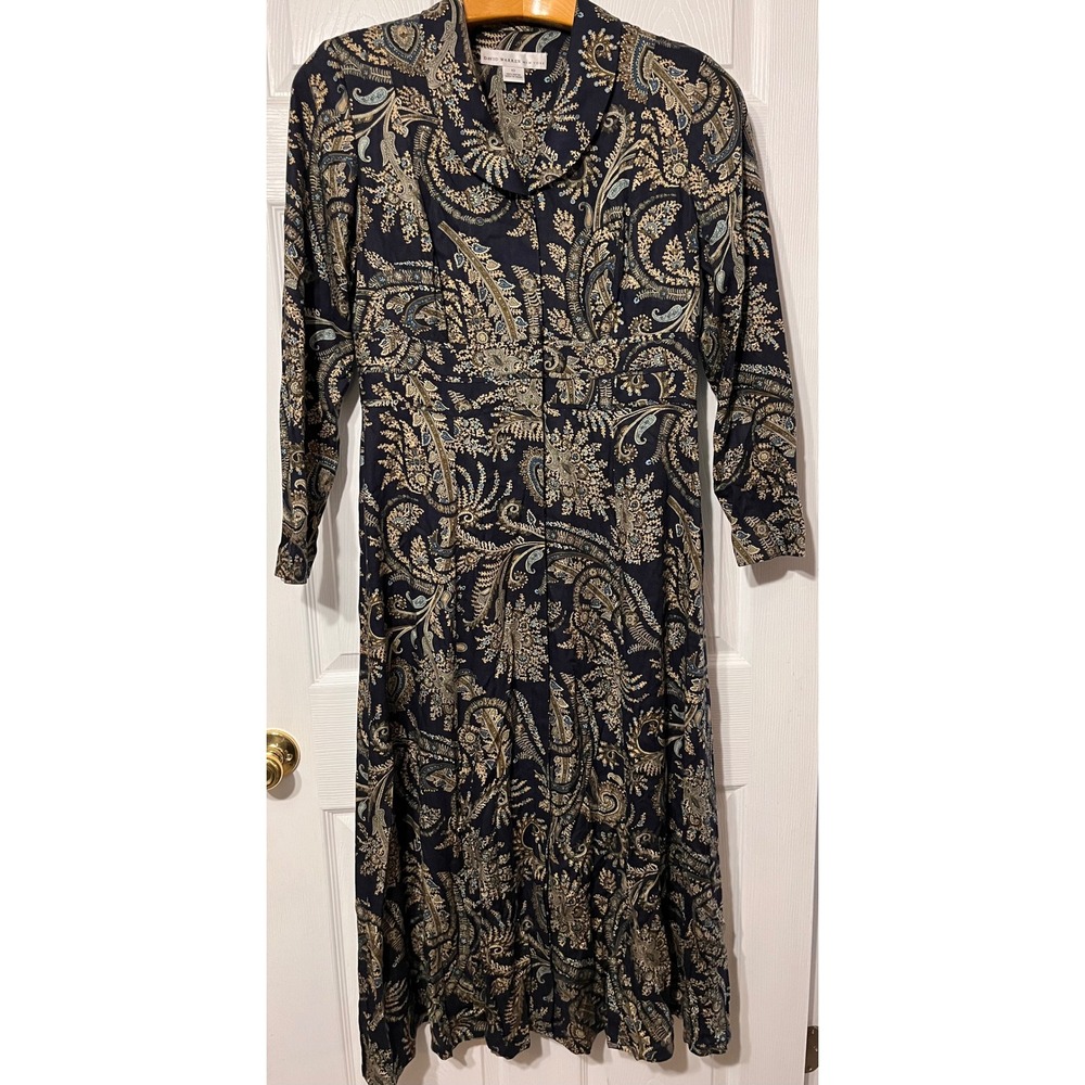 David Warren New York Navy Paisley Midi Dress Long Sleeve Button Front Size 10